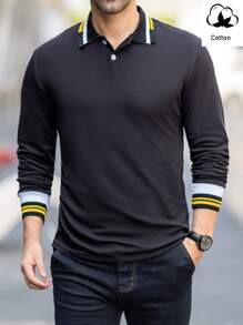 Manfinity Homme Men Ribbed Striped Long Sleeve Casual Business Fashion Polo Shirt