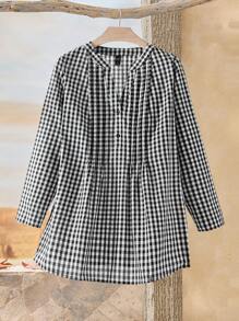 EMERY ROSE Plus Size Autumn Casual Plaid Button Half-Placket Notch Collar Long Sleeve Shirt,Winter Women Clothes