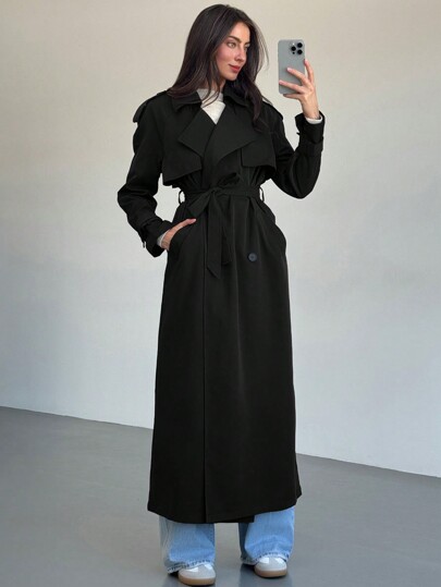 Aloruh New Windproof Coffee Long Cinched Waist Double