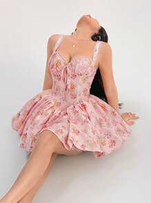 SHEIN PETITE Đầm xếp ly ngọt ngào phong cách cung điện lãng mạn, tay ngắn, ôm sát, họa tiết hoa nhỏ đơn giản và thanh lịch, thích hợp cho các bé gái - Hồng - Xem 1