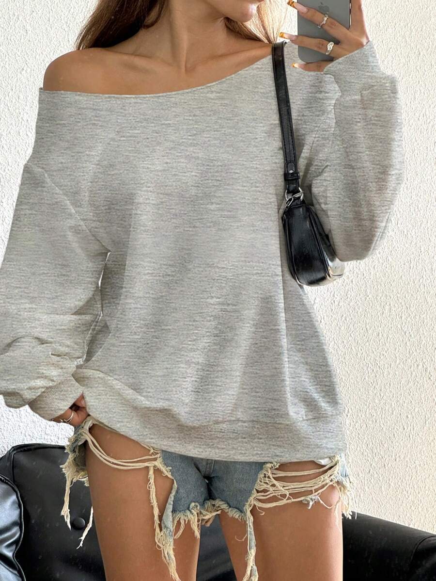 SHEIN EZwear 大码花卉印花露肩宽松长袖女式运动衫，秋冬季 - 淺灰色 - 查看 1