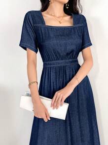 Modelyn Đầm xếp ly cổ vuông tay ngắn cài nút sau cho nữ thường ngày xuân/thu mặc thường ngày/du lịch/ngày lễ/nghỉ mát/tiệc tùng - Màu xanh lam - Xem 2