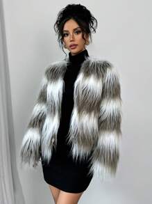 SHEIN Privé Women Two-Tone Long Sleeve Short Fluffy Coat - Multicolor - View 3