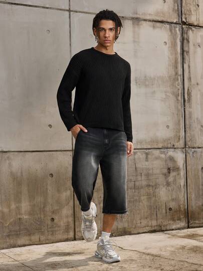 Forever 21 男士休闲风格宽松超大针织毛衣黑色，适合秋冬穿着