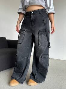 SHEIN EZwear Plus Size Casual Loose Fit Wide Leg Boyfriend Jeans - Black - View 6