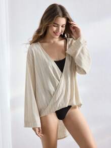 Ocili 女士条纹落肩长袖宽松裹身上衣家居服 - 卡其色 - 查看 7