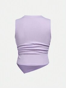 SHEIN Tween Girl Fitted Stretch Casual Solid Color Asymmetrical Hem Tank Top - Mauve Purple - View 2