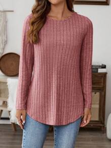 EMERY ROSE Women's Casual Solid Color Button Back Curved Hem T-Shirt Women Long Sleeve Tops Grey Tops For Women Gray Blouse Women Solid Color T Shirt Tops Women Women Women's Fall Clothes