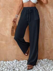 Pantalon De Lin Large À Jambe Large Pour Femme, Été De Couleur Solide Beige, Taille Haute Avec Cordon De Serrage