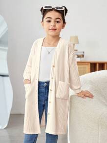 Young Girl Solid Color Extra Loose Knit Long Cardigan - Khaki - View 4