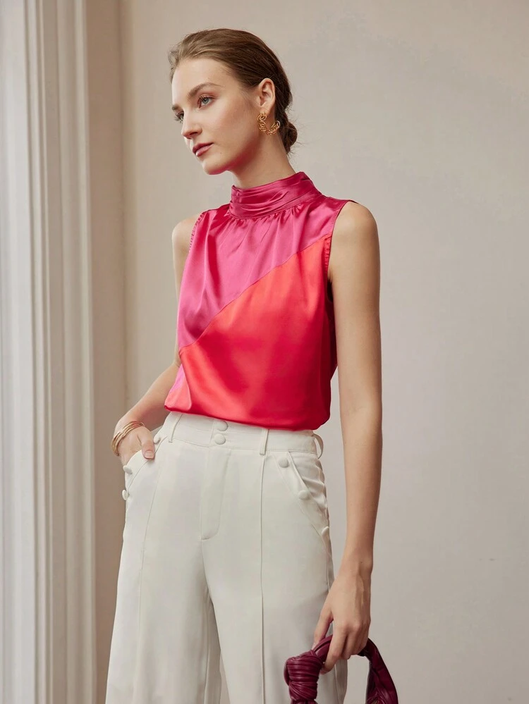 BLUSA SIN MANGAS CON CUELLO ALZADO FRUNCIDO EN DOS TONOS