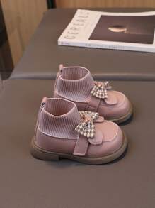 1 par Botas cortas con decoración de lazo rosa para niñas, botas de calcetines de punto para niños, botas de princesa de suela blanda para bebés - Rosa - Ver 6