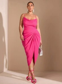 SHEIN BAE Vestido midi de mujer de talla grande de color rojo rosa, elegante y sexy, con cuello de swing drapeado y abertura alta, vestido de fiesta, vestido de oficina, vestidos con diseños calados, conjuntos sexy de mujer para la playa, vestidos sexy de mujer - Rosa Fucsia - Ver 4