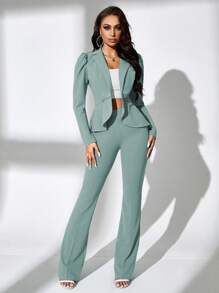 SHEIN SXY Conjunto de chaqueta de manga larga y pantalones de 2 piezas en color rojo para uso en oficina, elegante y casual para uso en fiestas, minimalista para ir a la oficina - Azul menta - Ver 6