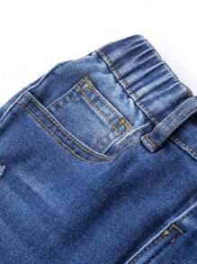 Young Girls All-Match Ripped Distressed Washed Denim Jeans - Dark Wash - View 7