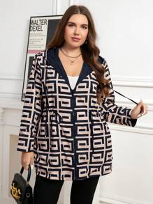 SHEIN Clasi Plus Size Women Geometric Print Long Sleeve Drawstring Waist Reversible Hooded Jacket, Casual For Autumn - Navy Blue - View 5
