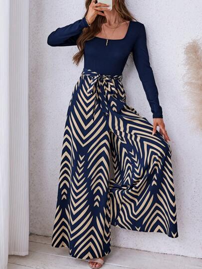 SHEIN LUNE Women's Autumn/Winter Solid Color Ribbed Patchwork Geometric Print Woven Bohemian Casual Jumpsuit,Casual