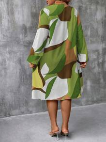 EMERY ROSE Plus Size Casual Color-Block Cutout Neck Lantern Sleeve Loose Dress, Autumn Fall Cloth For Women