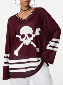 SHEIN EZwear Punk Y2K Style Skull Print Long Sleeve Varsity Jacket - Burgundy - View 3