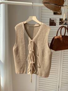 Comfortcana Plus Size V-Neck Tie Front Sleeveless Solid Color Simple Casual Comfortable Cardigan - Apricot - View 4