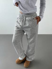 SHEIN BASICS Pantaloni della tuta in maglia in colore unito con vita alta, allentati, con coulisse e fodera termica, per donna - Grigio Chiaro - Visualizzare 3