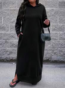 SHEIN LUNE 大码休闲纯色斜口袋开衩下摆宽松连帽连衣裙长款女装 - 黑色 - 查看 7