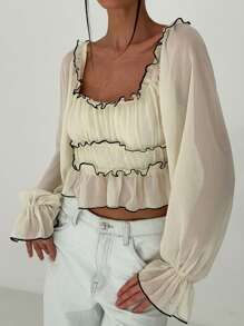 Aloruh 女士浪漫约会杏色长款泡泡袖撞色饰边分层开衩下摆衬衫