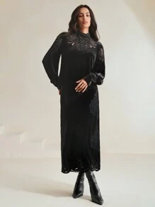Anewsta Women Stand Collar Lantern Sleeve Lace Embroidery Velvet Blouse And Straight Skirt 2pcs Suit Set, Autumn/Winter - Black - View 7