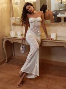 Opulessa 海滩女士服装化妆舞会礼服万圣节圣诞节性感优雅派对婚礼长款紧身连衣裙女式网纱 - 杏色 - 查看 4