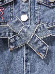 Baby Girl Cute Casual Lovely Pink Bow Knot Embroidered Denim Shirt Dress With Belt - Medium Wash - View 3