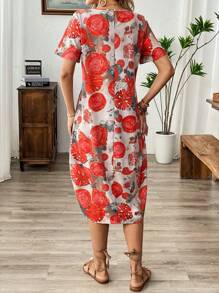 SHEIN Clasi Women Round Neck Short Sleeve Casual Random Geometric Print Mid-Length Dress