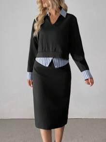 SHEIN Clasi Conjunto de 2 piezas de top de manga larga con estampado y rayas aleatorias en el cuello y falda, elegante - Negro - Ver 5
