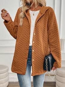 SHEIN Unity Casual Textured Button-Up Loose Hooded Jacket, Autumn - Coffee Brown - View 5