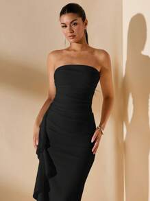 SHEIN BAE 女士白色无袖荷叶边高开叉裹身裙，露肩露背性感伴娘礼服 - 黑色 - 查看 5