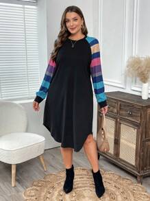 EMERY ROSE Plus Size Casual Colorblock Striped Raglan Sleeve Dress, Autumn
