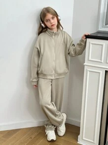 SHEIN 2 件 Tween 女童休闲宽松连帽衫和抽绳裤套装 - 卡其色 - 查看 4