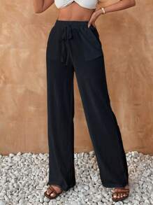 Pantalon De Lin Large À Jambe Large Pour Femme, Été De Couleur Solide Beige, Taille Haute Avec Cordon De Serrage