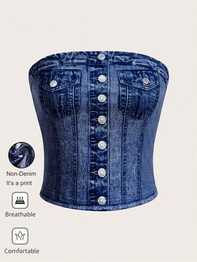 SHEIN Essnce 牛仔效果露肩上衣，针织印花