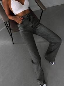 EURMUSE Jeans rectos de cintura alta 100% algodón para mujeres - Gris - Ver 3