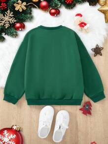Tween Girl 1pc Oversized Cozy Thermal Lined Sweatshirt, Green With Colorful Christmas Graphic, Relaxed Fit For Everyday, Party, Indoor/Outdoor Wear, Perfect For Autumn/Winter