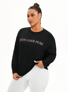 SHEIN Sports Plus Size Women's Loose Casual Printed Sweatshirt - Black - View 5