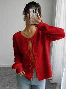 Chiquease Casual Solid Color Front Tied Design Long Sleeve Cardigan, Autumn For New Year Clothes - Red - View 1