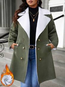 Calvaya Plus Size Women's Faux Suede Thermal Lined Long Sleeve Plus Thick Jacket, Autumn/Winter - Army Green - View 1