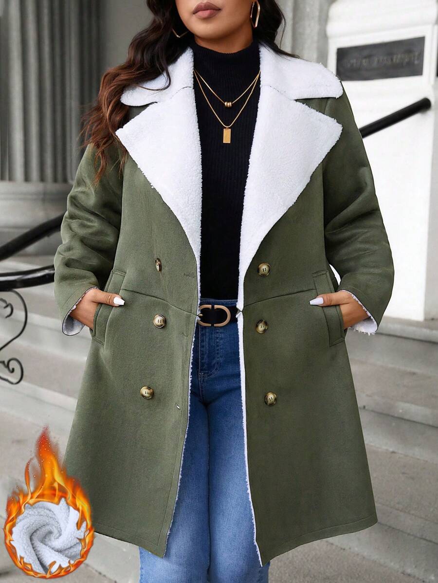 Calvaya Plus Size Women's Faux Suede Thermal Lined Long Sleeve Plus Thick Jacket, Autumn/Winter - Army Green - View 1