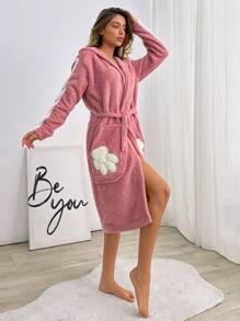 RueChic Women Paw Embroidery Pocket With Hoodie Detail Homewear Robe - Pink - View 4