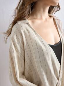 Ocili 女士条纹落肩长袖宽松裹身上衣家居服 - 卡其色 - 查看 4