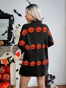 Chiquease 骷髅南瓜图案休闲前开长袖开衫，适合万圣节派对 - 黑色 - 查看 2