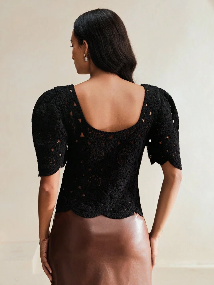Square Neck Flower Petal Hollow Out Crochet Puff Sleeve Women Vacation Elegant T-Shirt