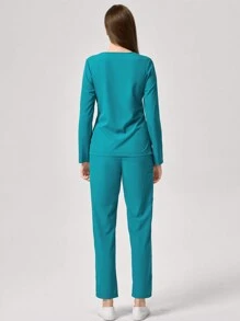 TaskEZ Women Long Sleeve Top & Pants Uniform Scrub Set - Blue - View 2