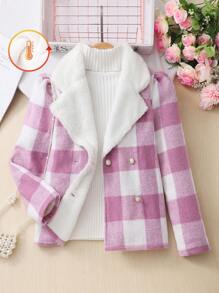 SHEIN Plaid Fluffy Lapel Jacket For Tween Girl - Pink - View 1
